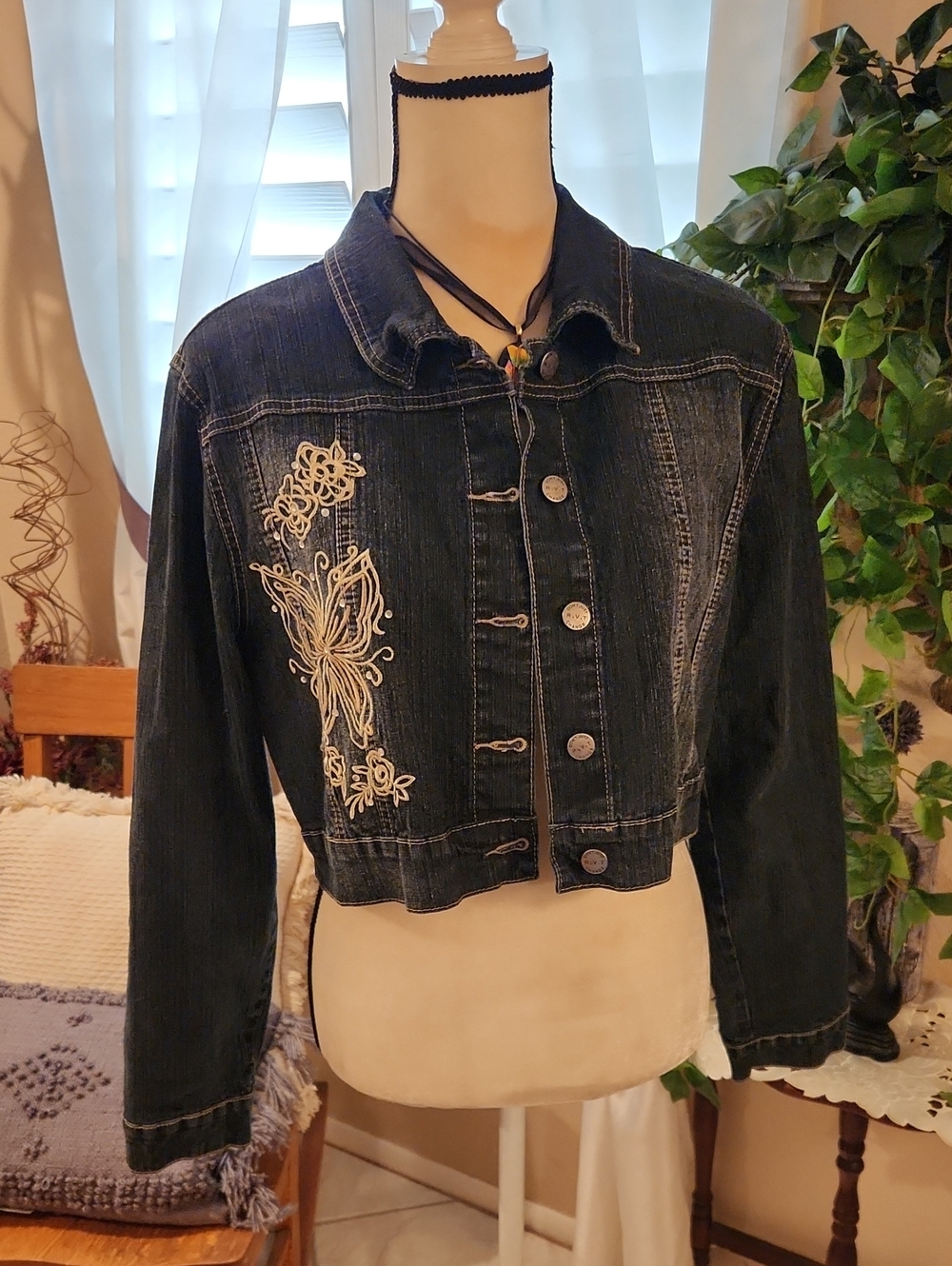 Dark Wash Denim Jean Jacket with White Embroidered Butterfly